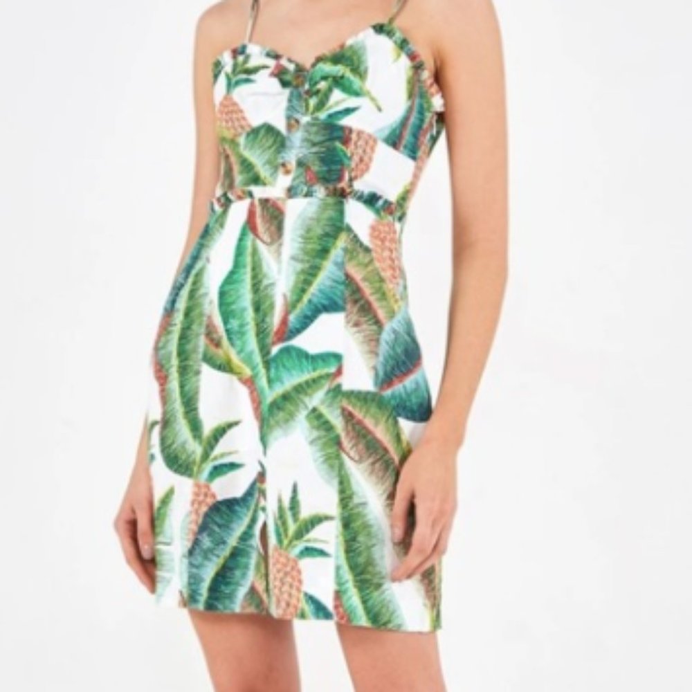 Farm Rio FOREST PALM LINEN MINI DRESS - WHITE / L